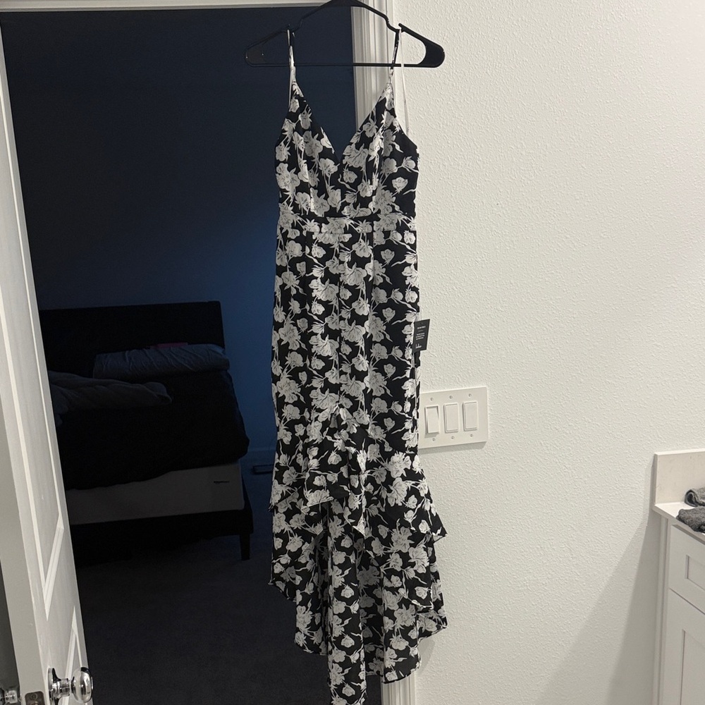 Lulu's Elegant Black and White Floral High Low Dress